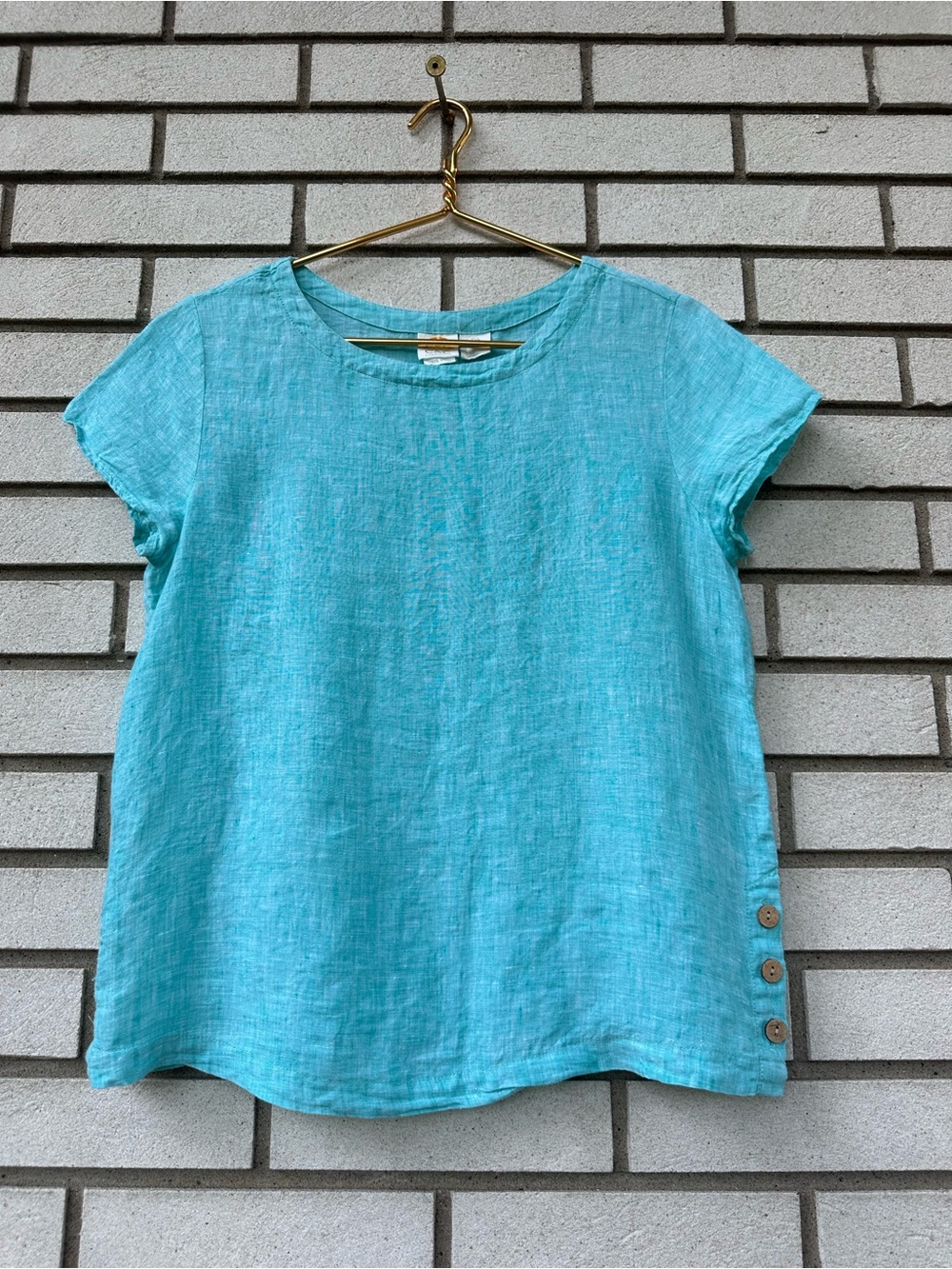 C&C California Aqua Blue 100% Linen Button Side Short Sleeve Top S